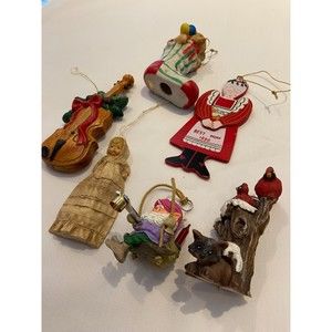 Vintage CHRISTMAS ORNAMENTS 6 Ornaments Red Birds Infant Violin Stocking Elf